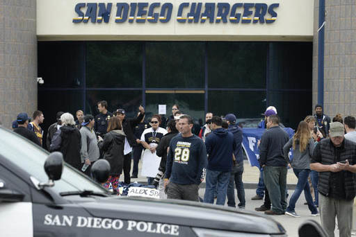 Fans de San Diego Chargers se juntan frente a la sede del equipo en San Diego, el 12 de enero del 2017, para protestar que se cambiará a Los Angeles. (AP Photo/Denis Poroy).