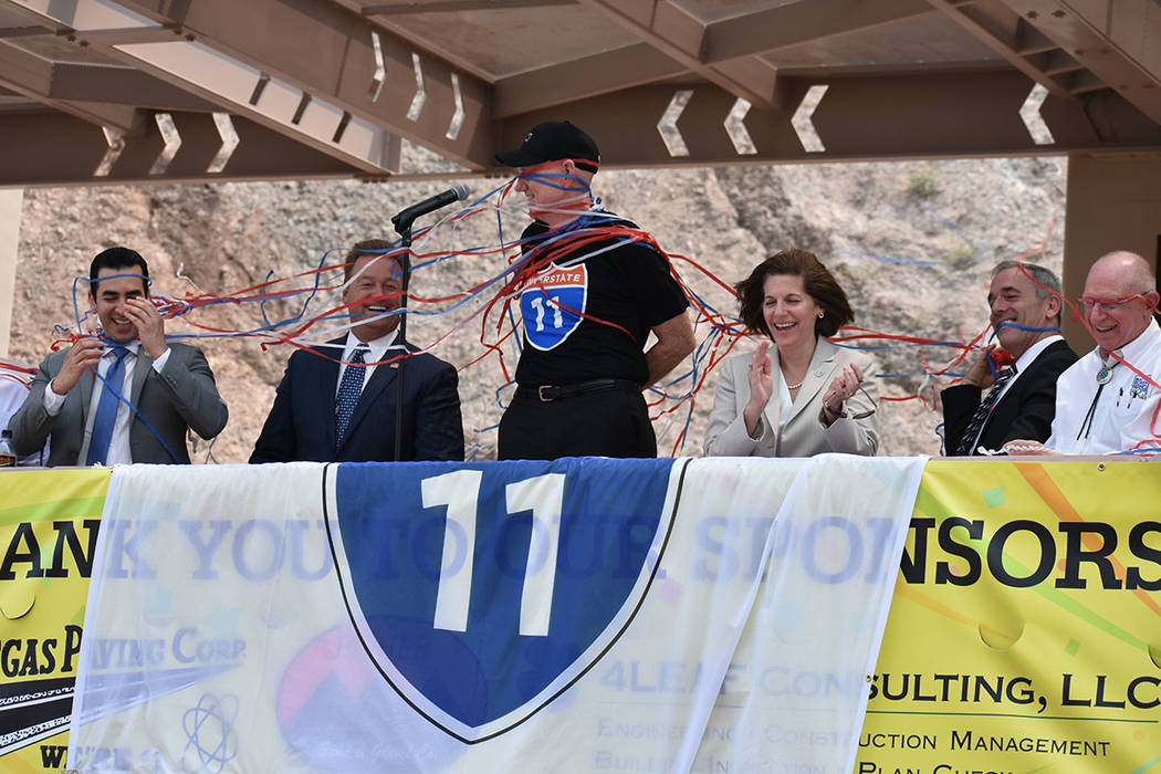 Representantes de agencias gubernamentales y legisladores republicanos y demócratas se unieron para inaugurar la I-11. Jueves 9 de agosto de 2018 en Boulder City, Nevada. Foto Anthony Avellaneda ...