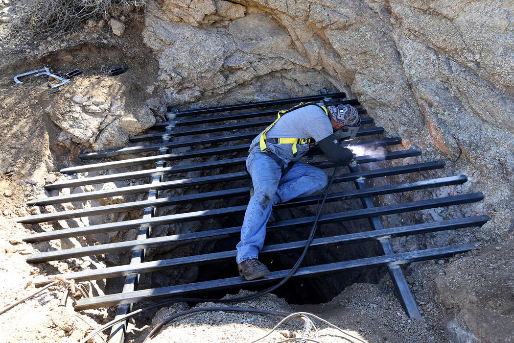 El contratista estatal James Ryan asegura el acero a través de la apertura de una mina abandonada en el Monumento Nacional Gold Butte el lunes 8 de octubre de 2018. El equipo está cerrando 42 ab ...